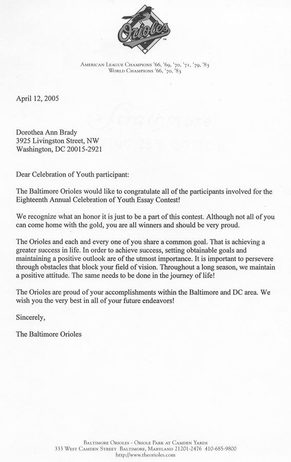 Image of letter from the Orioles
