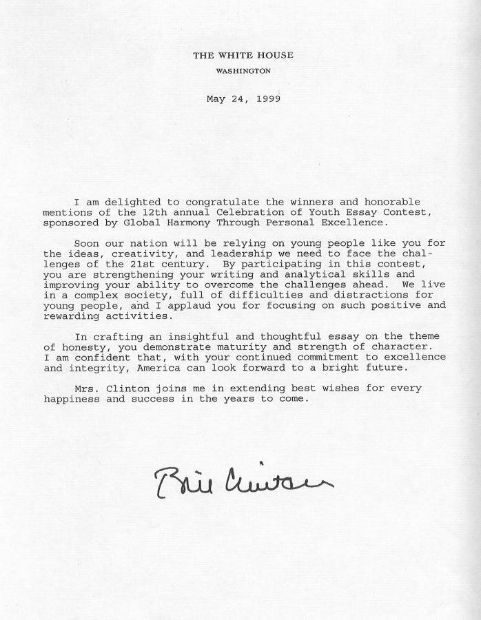 Image of letter from Bill Clinton