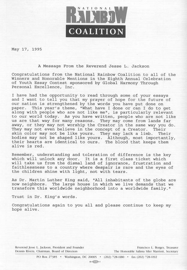 Image of letter from Jesse Jackson
