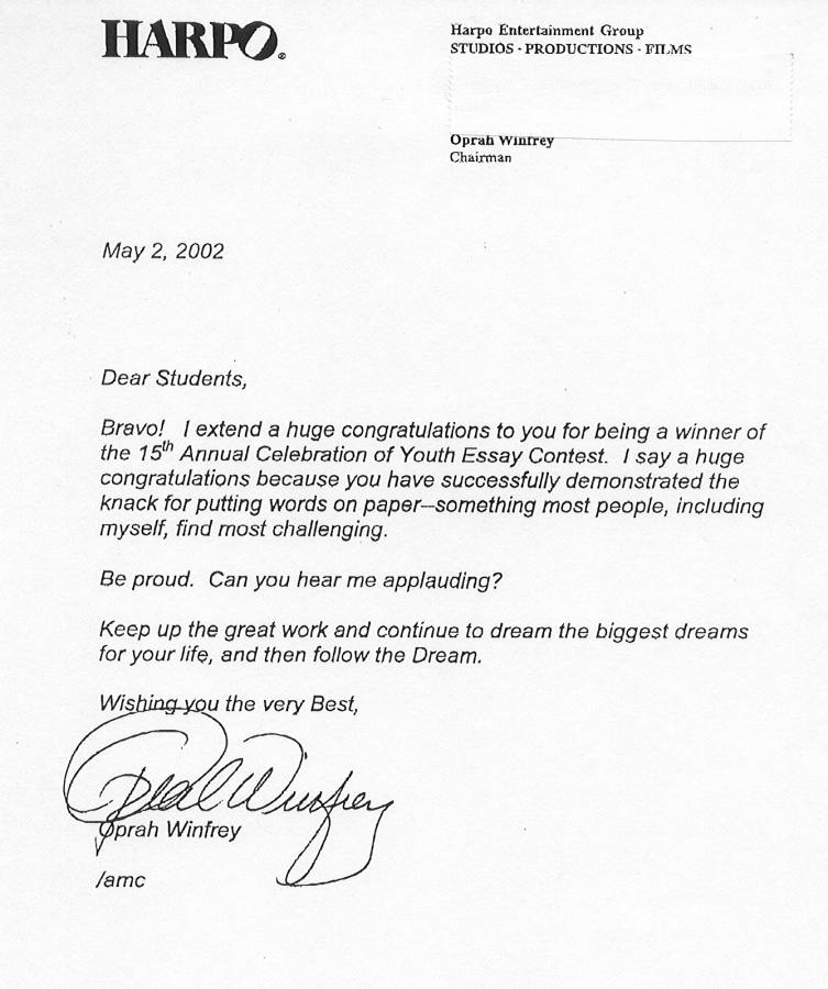Image of letter from Oprah Winfrey