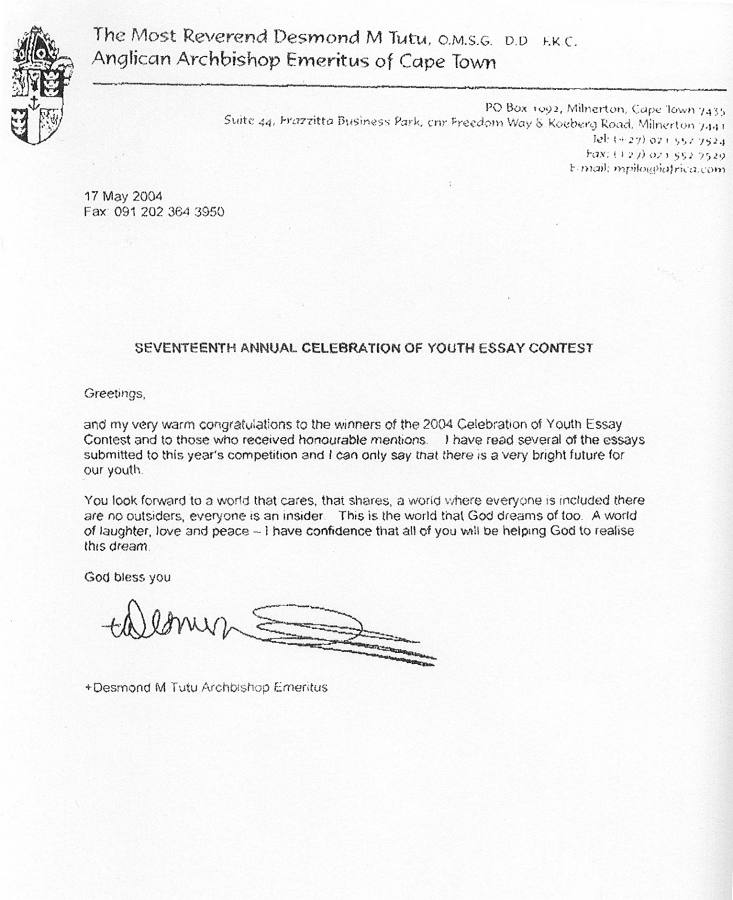 Image of letter from Desmond Tutu