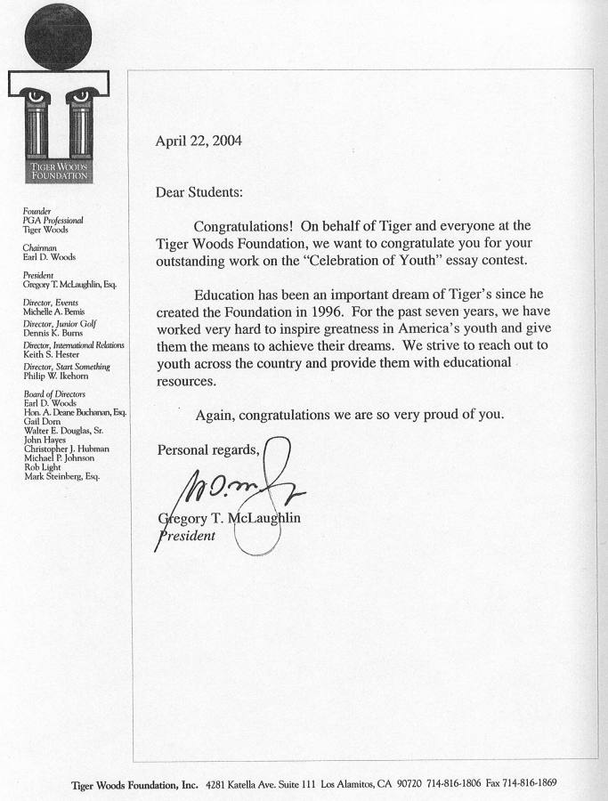 Image of letter from the Tiger Woods Foundation